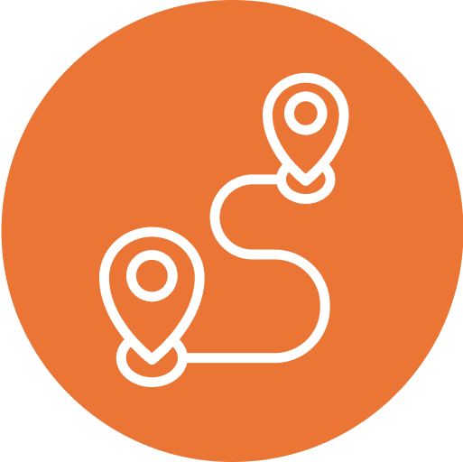 Orange circle with route and location pins.