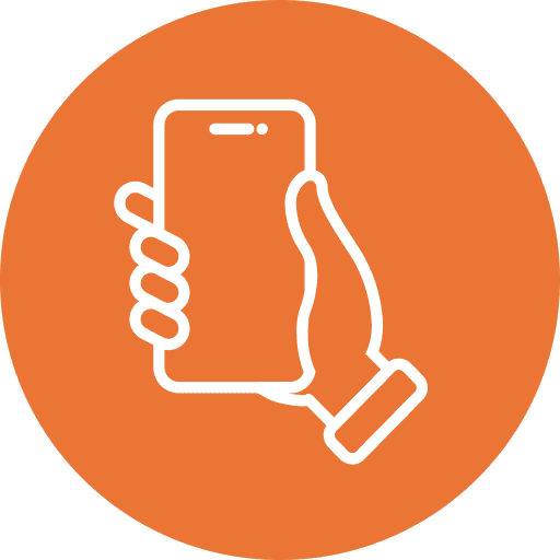 Hand holding smartphone, orange background icon.