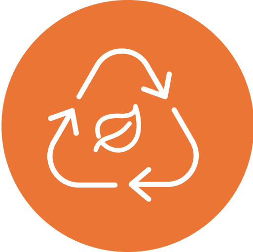 Recycling symbol with leaf on orange background.
